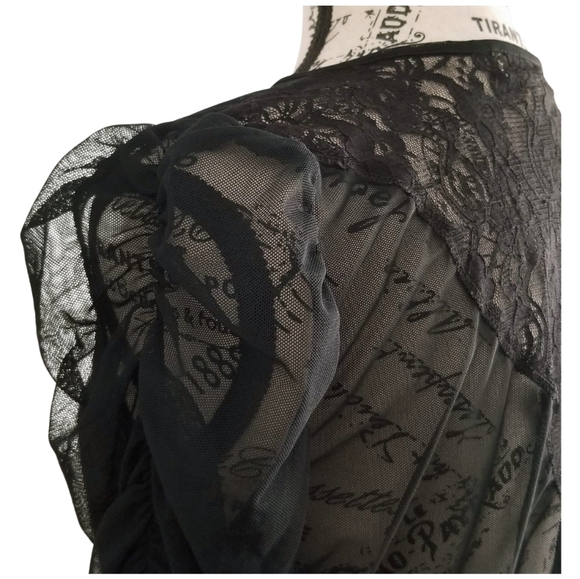 Y2K Black Sheer Tie-Front Bolero Top with Puffy Sleeves L - Picture 3 of 5